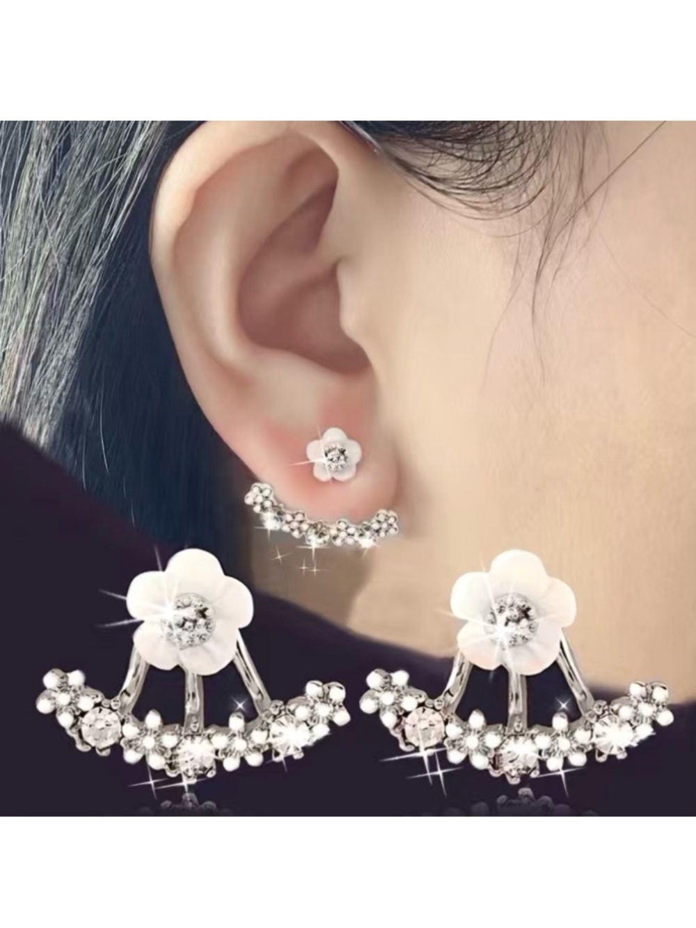 Pretty Silver Toned White Flower & Diamond Cuff Stud Earrings